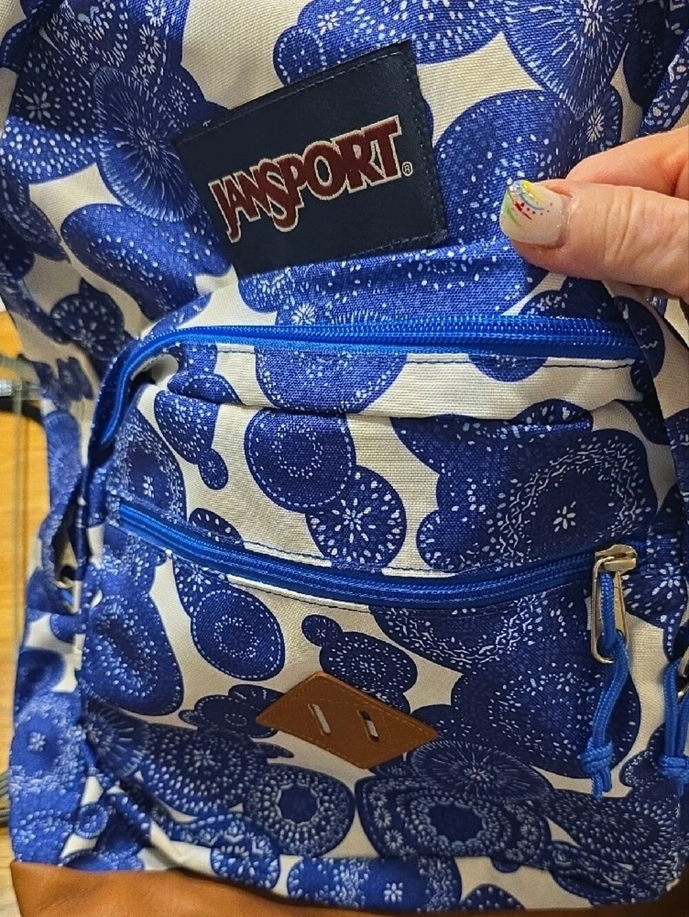Jansport Blue & White Patterned Backpack with Brown Base